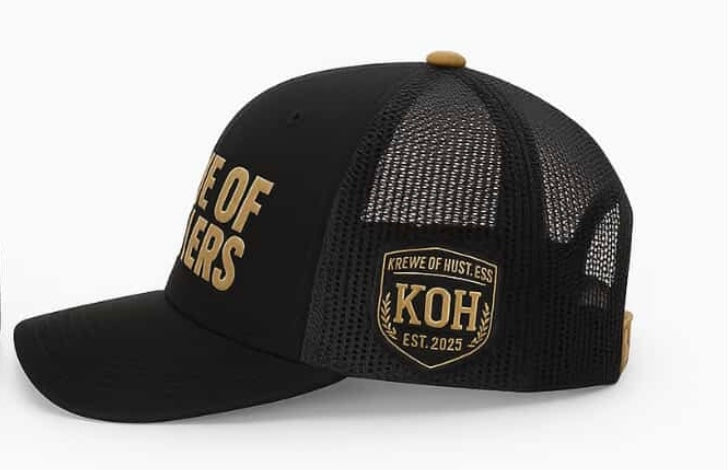 Krewe of Hustlers Custom Trucker Hat – Black/Gold (Preorder)